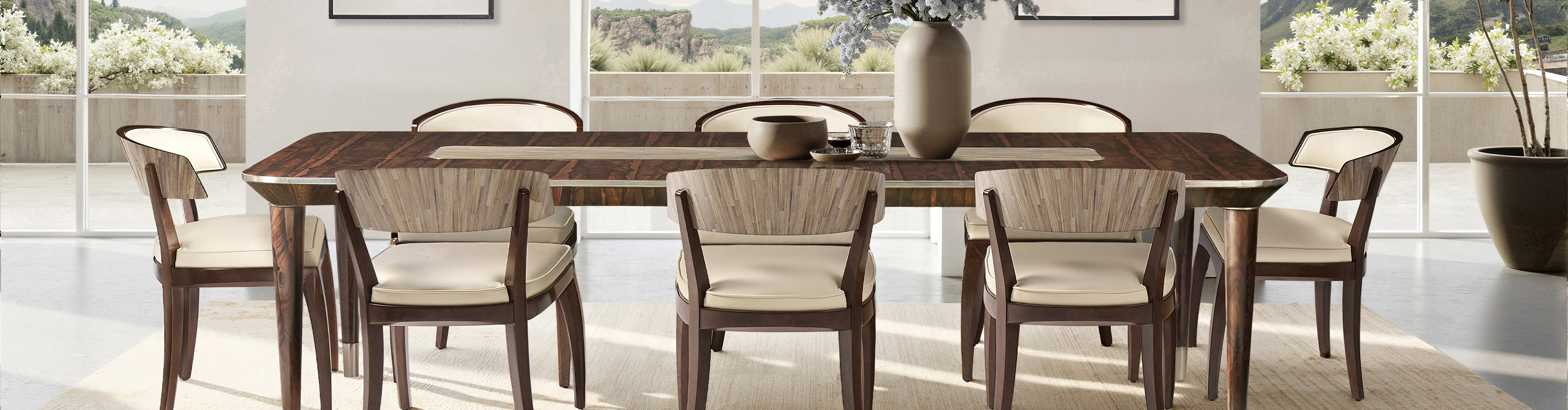 Extending dining table with upholstered chairs in a bright garden room