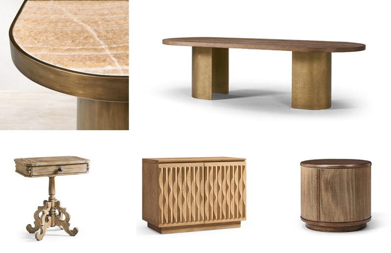 Curved cane cabinet, carved console table, upholstered chest and drum side tables