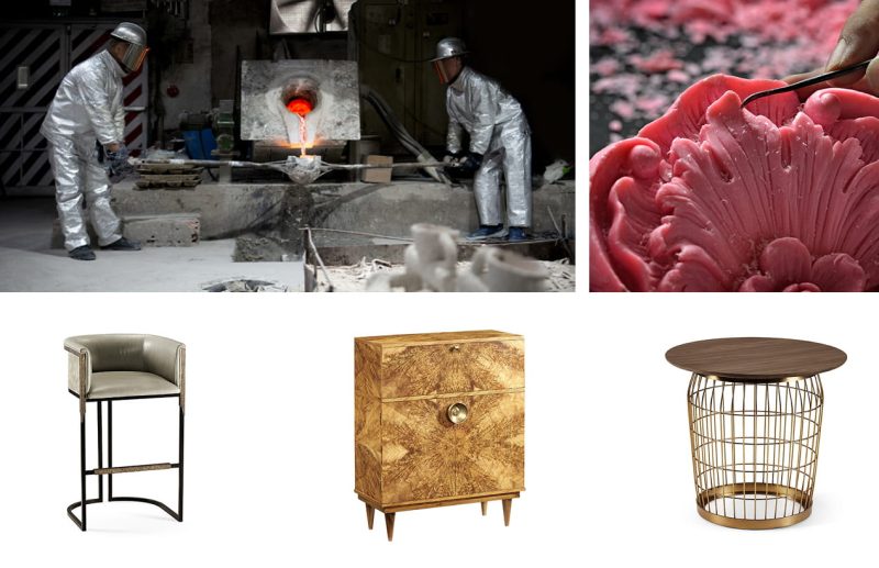 Molten brass pour in the VFR foundry, wax pattern carving, and finished hardware on a bar stool, cabinet and side table