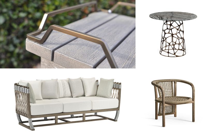 JC Outdoor teak lounger and woven armchair with brass-framed sofa and rattan tub chair