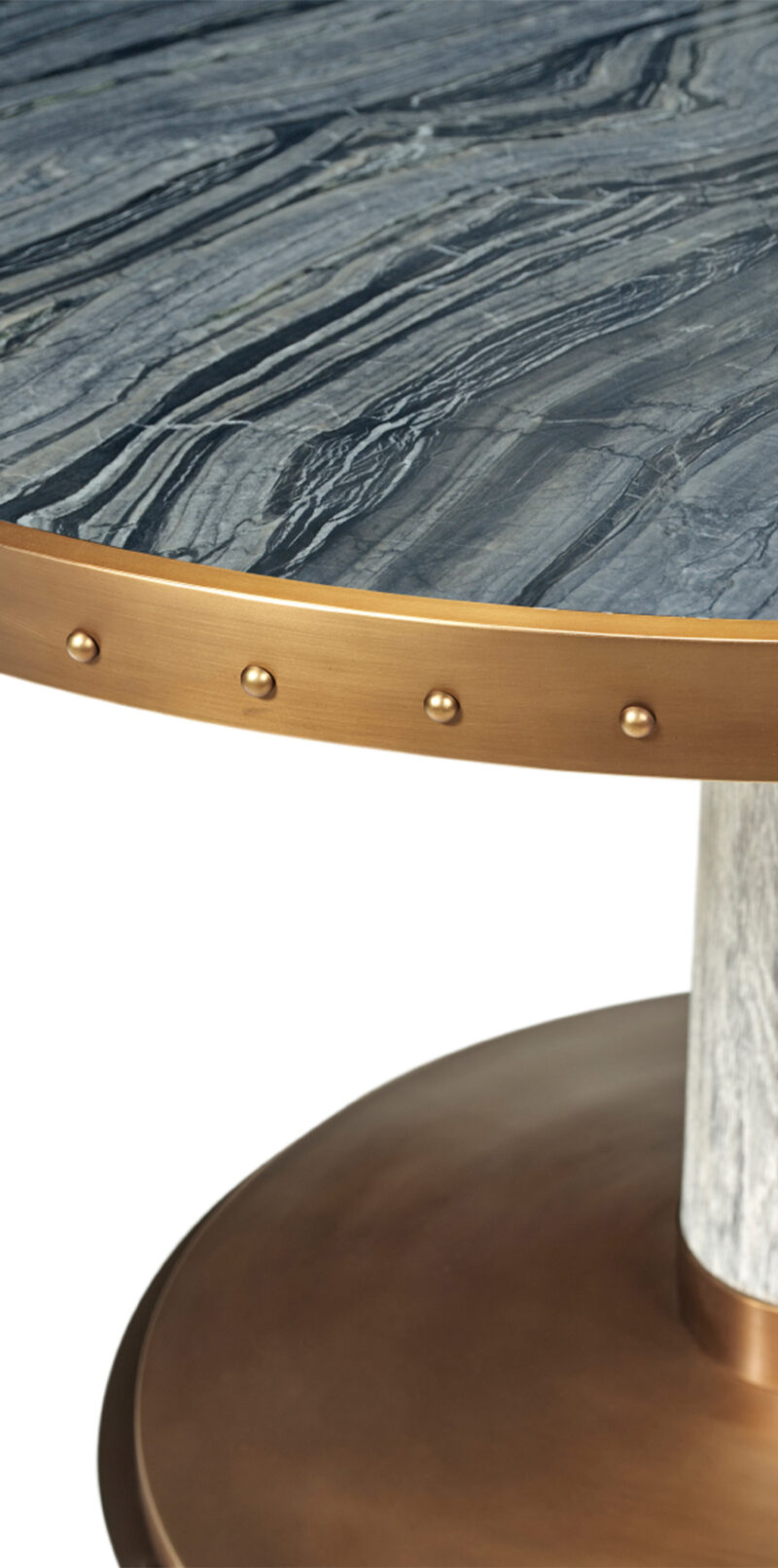 Grey marble outdoor table top with studded antique brass rim