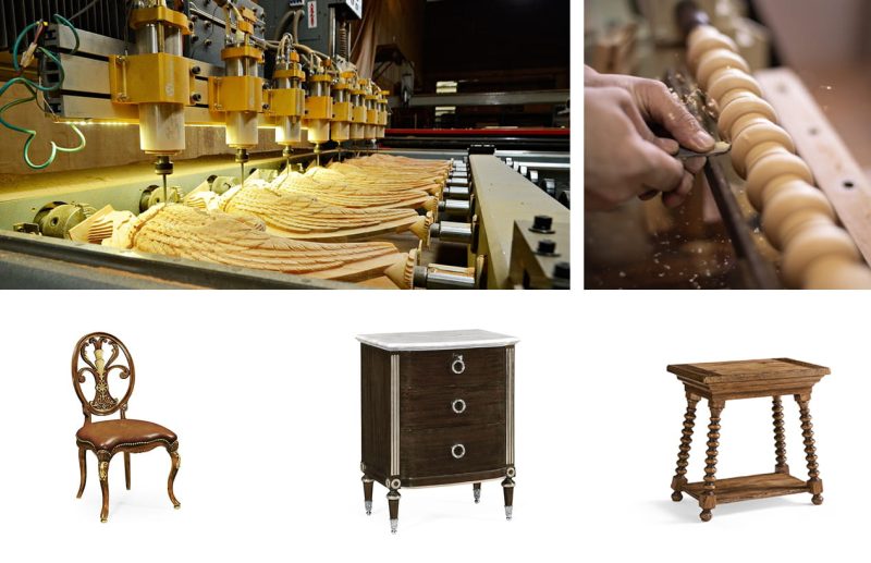 Timber store, veneer selection and hand carving at VFR, with a carved dining chair, side cabinet and occasional table